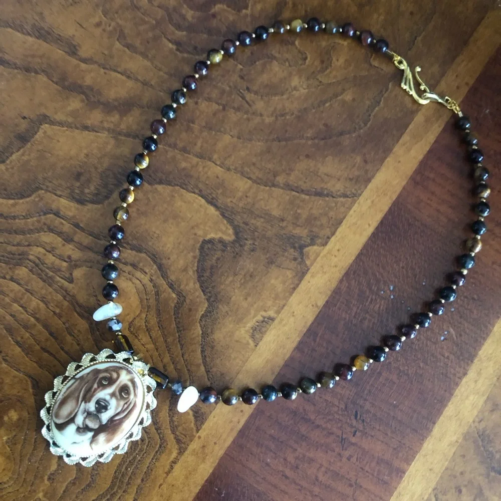 Handcrafted hound dog cameo natural stone bulls eye citrine necklace